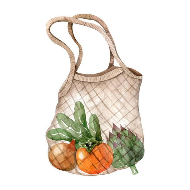 String boodschappentas met groenten - aquarel hand getrokken clipart geïsoleerd op witte achtergrond. Ui, artisjok, salade, persimmon van de markt. Geen afval levensstijl, milieuvriendelijke accessoires. - Foto, afbeelding