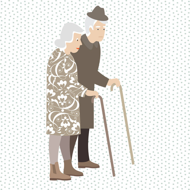 an elderly woman and an elderly man with a cane on a walk. the flat pattern. - Vector, Imagen