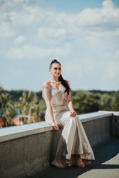 A young sexy female wearing a luxury evening dress - Photo, image