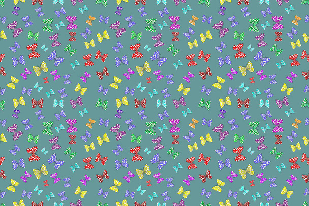 Seamless pattern with interesting doodles on colorfil background. Pano. Raster illustration. Butterflies. - Photo, Image
