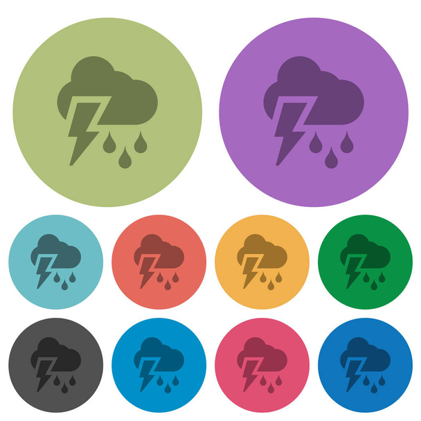 Stürmisches Wetter dunklere flache Symbole auf rundem Hintergrund - Vektor, Bild