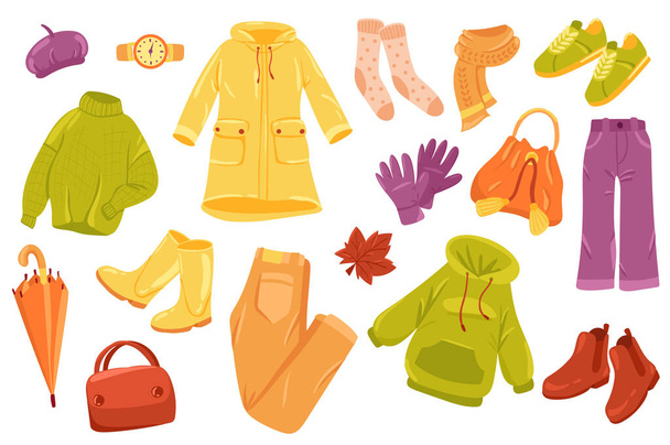 秋の服かわいいステッカー孤立セット。セーター、レインコート、靴下、スカーフ、手袋、パンツ、傘のコレクション。屋外を歩くための暖かい服。平面漫画デザインのベクトルイラスト - ベクター画像