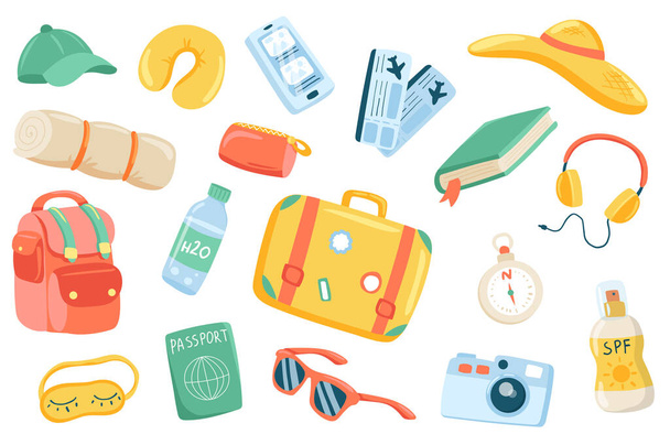 Travel accessory cute stickers isolated set. Collection of smartphone, ticket, book, headphones, suitcase, compass, sunscreen, camera, passport, backpack. Vector illustration in flat cartoon design - ベクター画像