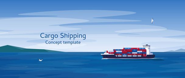 Cargo ship with containers. Transport and logistics service concept. Sea freight service. International transport industry. Vector illustration in flat style. - Vector, Image