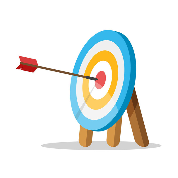 Target on stand with an arrow hit the center. Business challenge and goal achievement concept. Vector illustration isolated on white background. - Vector, Image