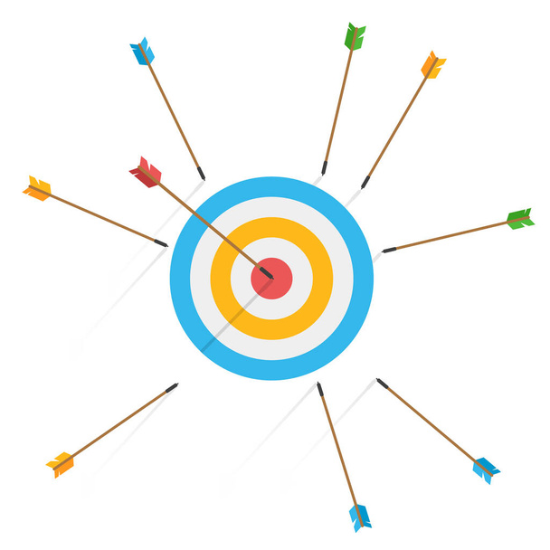 Business challenge failure concept. Lots arrows missed hitting target mark and only one hits the center. Shot miss. Failed inaccurate attempts to hit archery target. Vector illustration in front view. - Vector, Image