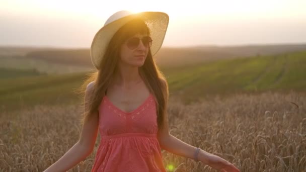 Ευτυχισμένη μακρυμάλλη νεαρή γυναίκα που περπατάει στο χρυσαφένιο χωράφι με το ηλιοβασίλεμα. - Πλάνα, βίντεο
