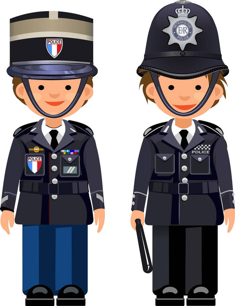 Polizia metropolitana britannica e agente di polizia francese di Parigi. Casco autentico tradizionale  - Vettoriali, immagini