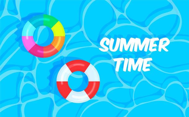 Swimming pool summer background with two colorful lifebuoys. Summer time concept. Pool party template banner. Float rings. Vector illustration in trendy flat style. - Vector, Image