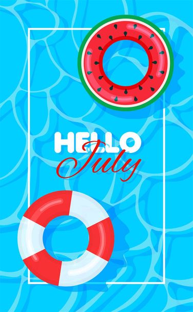 Swimming pool summer background with colorful lifebuoys. Hello july concept. Pool party template banner. Float rings. Vector illustration in trendy flat style. - Vector, Image