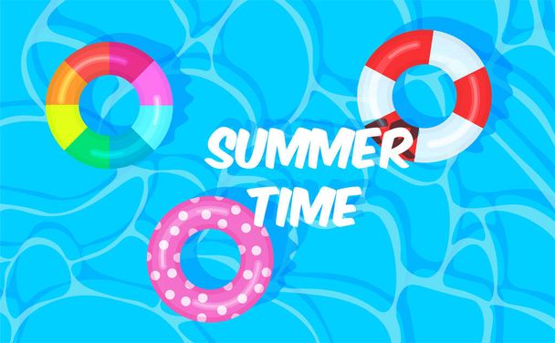 Swimming pool summer background with three colorful lifebuoys. Summer time concept. Pool party template banner. Float rings. Vector illustration in trendy flat style. - Vector, Image