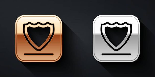 Kulta ja hopea Shield kuvake eristetty mustalla taustalla. Vartijan merkki. Turvallisuus, turvallisuus, suojelu, yksityisyyden käsite. Pitkä varjo tyyli. Vektori - Vektori, kuva