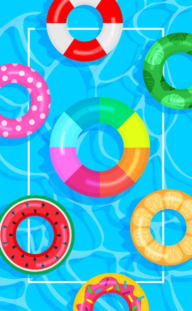 Swimming pool summer background with different pattern lifebuoys. Summer time concept. Pool party template banner. Float rings. Vector illustration in trendy flat style. Top view - Vector, Image