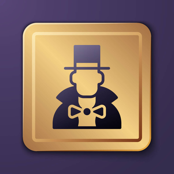 Paarse goochelaar pictogram geïsoleerd op paarse achtergrond. Gouden vierkante knop. Vector - Vector, afbeelding
