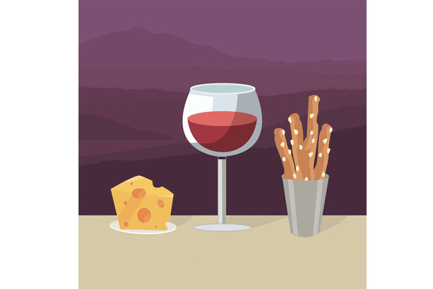 Un bicchiere di vino rosso con spuntini sullo sfondo delle colline toscane - Vettoriali, immagini