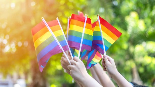 LGBT trots of LGBTQ + gay trots met regenboog vlag voor lesbiennes, homo 's, biseksuelen en transgenders mensenrechten sociale gelijkheid bewegingen in juni maand - Foto, afbeelding