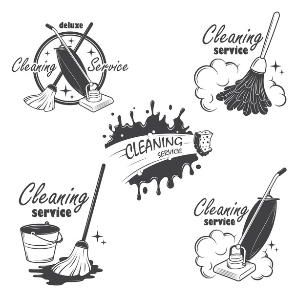Siivouspalvelun tunnukset, etiketit ja suunnitellut elementit
. - Vektori, kuva