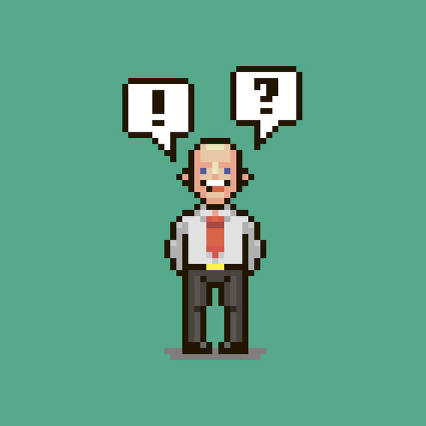 colorful simple flat pixel art illustration of cartoon smiling guy in a white shirt with a red tie near the guy two speech bubbles with an exclamation mark and a question mark inside - Vector, Image