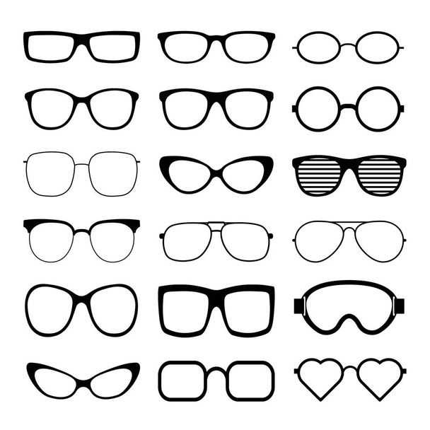 Plantilla de gafas de sol icono conjunto. Esquema negro gafas de sol, hombres y mujeres silueta gafas. Ilustración vectorial. - Vector, Imagen