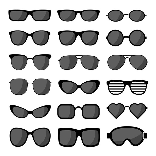 Sunglasses icon set template. Black sunglass, mens and women dark glasses silhouette. Vector illustration. - Vektor, obrázek