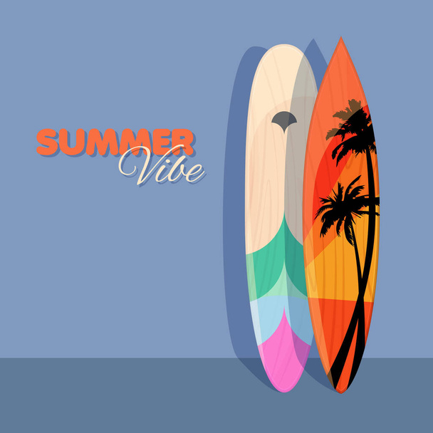 Modello di banner estivo con tavole da surf colorate vicino al muro. Illustrazione vettoriale. - Vettoriali, immagini