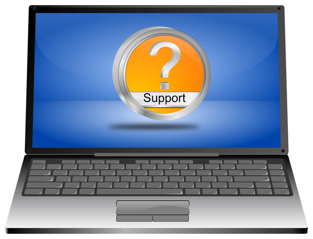 Computer portatile con pulsante di supporto arancione sul desktop blu - Illustrazione 3D - Foto, immagini