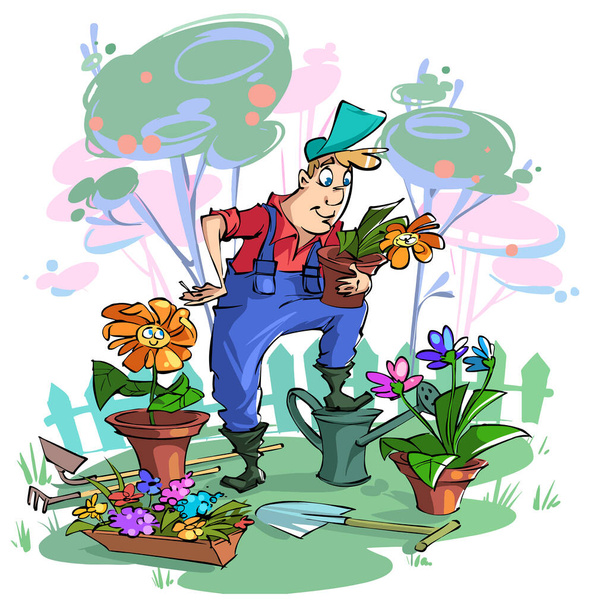 Divertido jardinero de dibujos animados plantado flores. Un hombre y una flor cobran vida. Flor de carácter. - Vector, imagen
