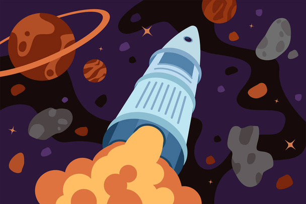 Rocket exploring flies outer space. Galaxy exploration or travel banner. Spaceship flight in universe across stars and planets. Exoplanet search, discovery and colonization concept eps illustration - Vector, Image