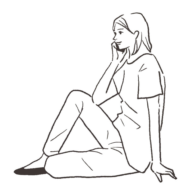 Línea de dibujo de una mujer sentada y hablando por teléfono. - Vector, imagen