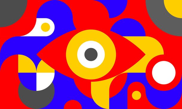 Funky tło w stylu Bauhaus z okiem, krzywe i koła, plakat retro o geometrycznych kształtach w stylu lat 80-tych, wektor mody minimalny wzór. - Wektor, obraz