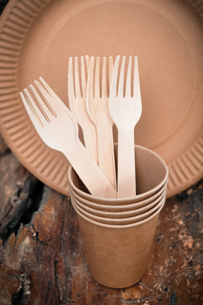 disposable paper tableware on wooden background in the forest in summer, zero waste concept - Photo, Image
