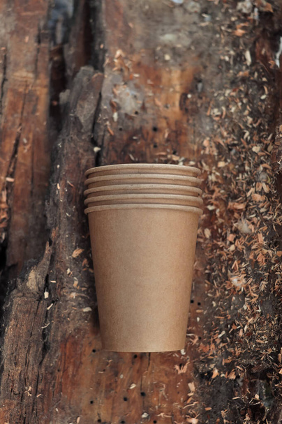 disposable paper tableware on wooden background in the forest in summer, zero waste concept - Foto, Imagem
