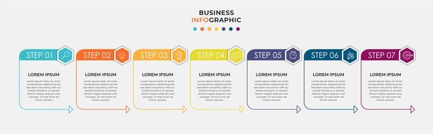 Вектор Инфографический дизайн бизнес-шаблон с иконками и 7 вариантов или шагов. Может использоваться для процессов, презентаций, компоновки рабочего процесса, баннера, блок-схемы, инфо-графика - Вектор,изображение