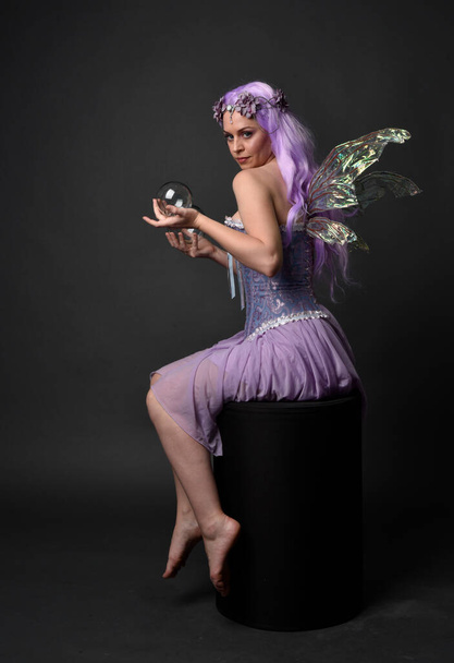 妖精の翼と花冠とファンタジーコルセットドレスを身に着けている紫色の髪の少女の完全な長さの肖像画。暗いスタジオの背景に対して座っポーズ. - 写真・画像