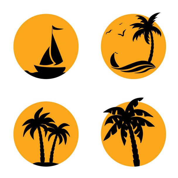 Summer silhouette, palm tree on beach. Set of badge with coconut tree and sailboat. - Vetor, Imagem