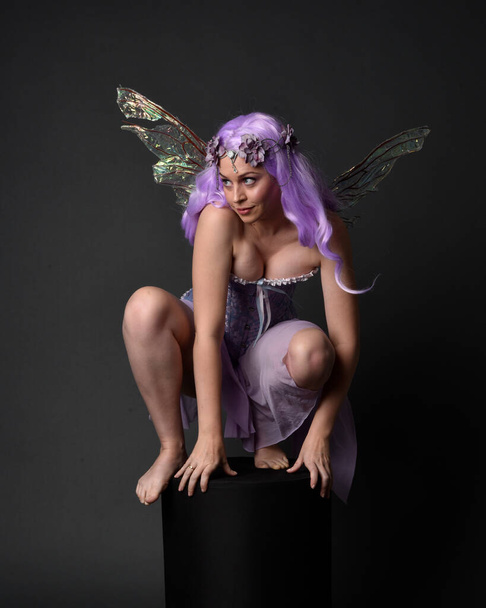 Full length portrait of a purple haired girl wearing fantasy corset dress with fairy wings and flower crown.  Seated pose against a dark studio background. - Foto, Imagen