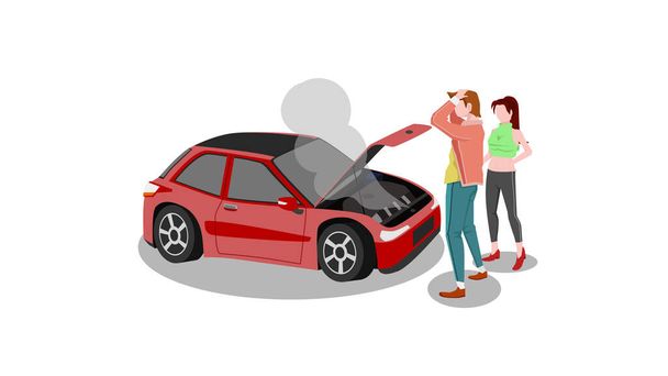 Férfi és női pár áll a kocsi előtt stresszelve. Az autó megsérült a radiátor túlmelegedése miatt. A motorháztető kinyílt és a füst kiokádott. izolált fehér háttér. - Vektor, kép