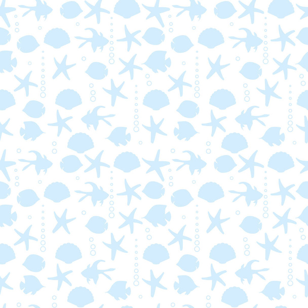 белый бесшовный узор с голубыми силуэтами рыб, морских звезд и раковин - Вектор,изображение