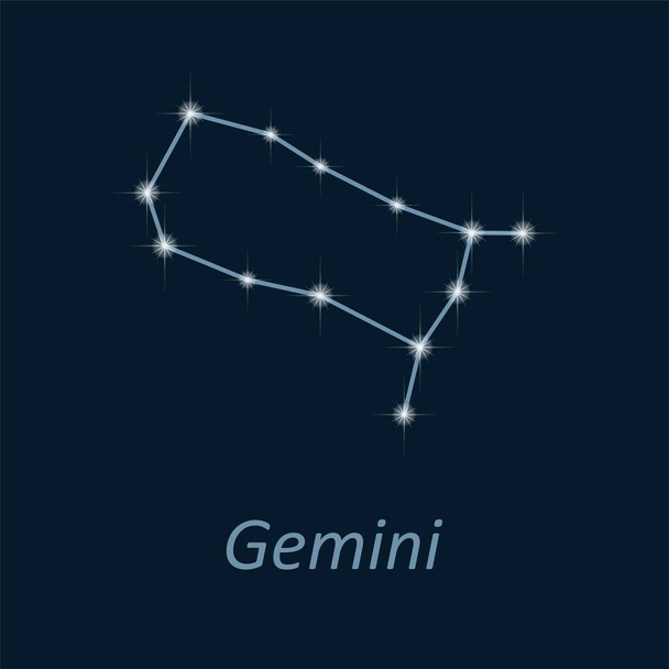 Science astronomy, stars on deep blue background. Vector night sky and zodiac. Gemini constellation. - Вектор,изображение