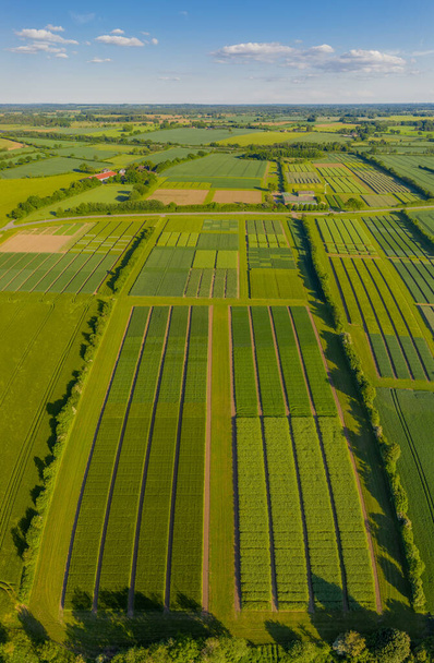 Abstract aerial view of rural landscape with agricultural fields by experimental station. - Photo, Image