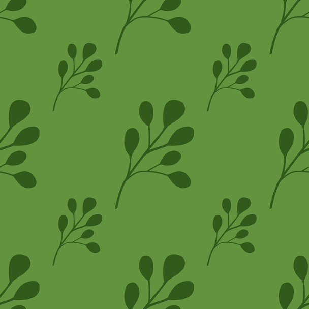 Minimalistinen saumaton lehtien kuvio vihreitä sävyjä doodle eukalyptus lehtiä. Vintage-tausta. Suunniteltu kankaan suunnittelu, tekstiili tulostaa, kääre, kansi. Vektoriesimerkki. - Vektori, kuva