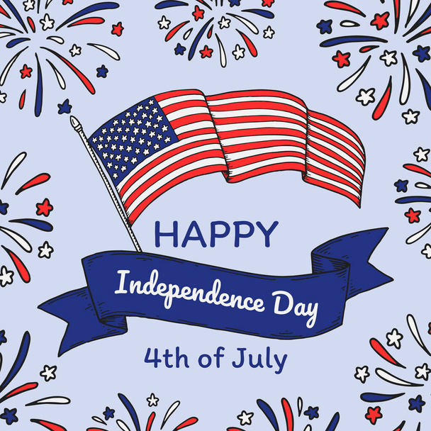 Happy USA Independende Day Design mit schwenkender Nationalflagge. 4. Juli. Handgezeichnete Vektorillustration - Vektor, Bild