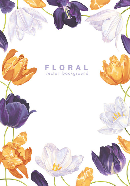 Vertical backdrop with tulip flowers, leaves and petals. Hand drawn, high detail, vector spring flower on white background. Seasonal realistic illustration for greeting cards, social mrdia posts. - Vettoriali, immagini