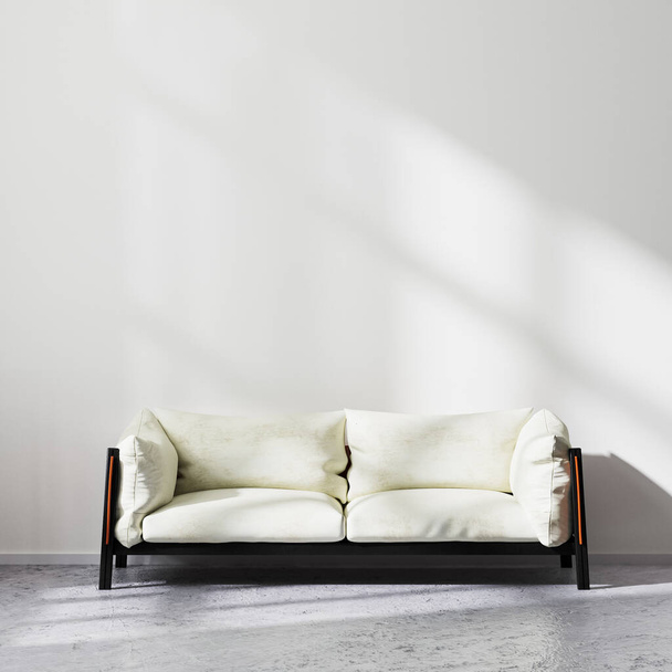 İskandinav tarzı minimalist oturma odasının iç dekorasyonu, çiğ beton zeminde beyaz kanepe güneş ışınlarıyla beyaz duvar, çağdaş oturma odası arka planı, 3D görüntüleme. - Fotoğraf, Görsel