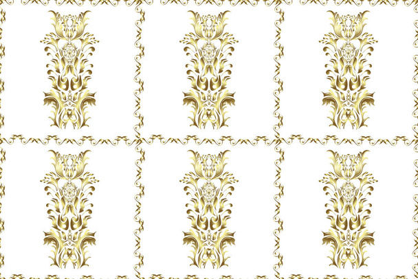 Goud behang op textuur achtergrond. Gouden bloemen ornament in barokke stijl. Damast naadloze herhalende achtergrond. Gouden element op neutrale, witte en bruine kleuren. - Foto, afbeelding