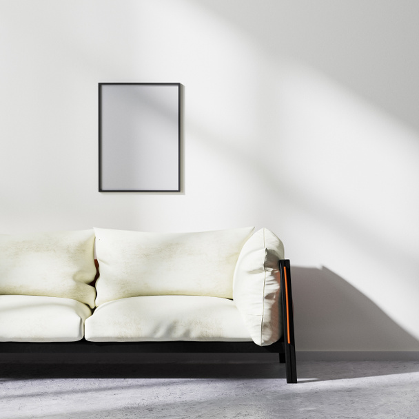 白と黒のソファ、現代的なリビングルームの背景、 3Dレンダリングと北欧ミニマルなスタイルのリビングルームのインテリアでフレームモックアップ - 写真・画像