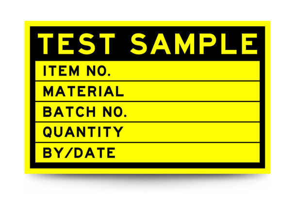 Bandiera di etichetta quadrata di colore giallo con titolo nel campione di prova di parola e dettaglio su sfondo bianco per uso industriale - Vettoriali, immagini