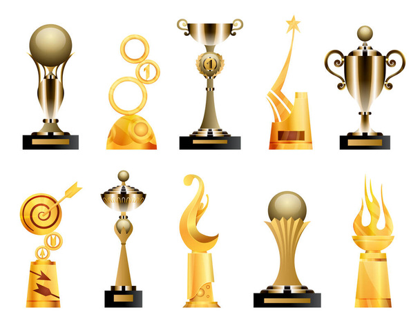 Díjak és kupák. Triumph sport díjak és díjak, győztes trófea arany kupa illusztráció. A legjobb versenyeredmények. Különböző formájú díjak - Vektor, kép