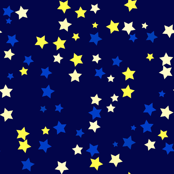 Abstract gele blauwe sterren naadloos patroon op nacht marine blauwe achtergrond, kinderen cartoon ontwerp. verjaardagspapier - Foto, afbeelding