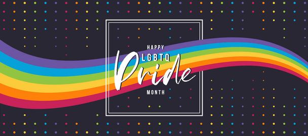 Boldog LMBTQ Büszke hónap szöveg keret és szivárvány büszkeség Zászló hullám színes kör pont szöveg háttér vektor tervezés - Vektor, kép
